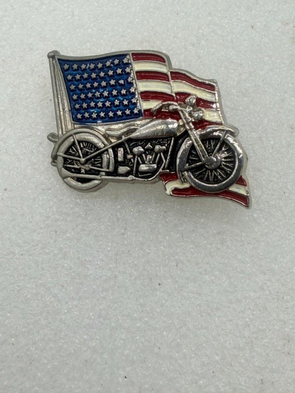 Silver Tone Enamel USA American Flag with Motorcycle Lapel Pin
